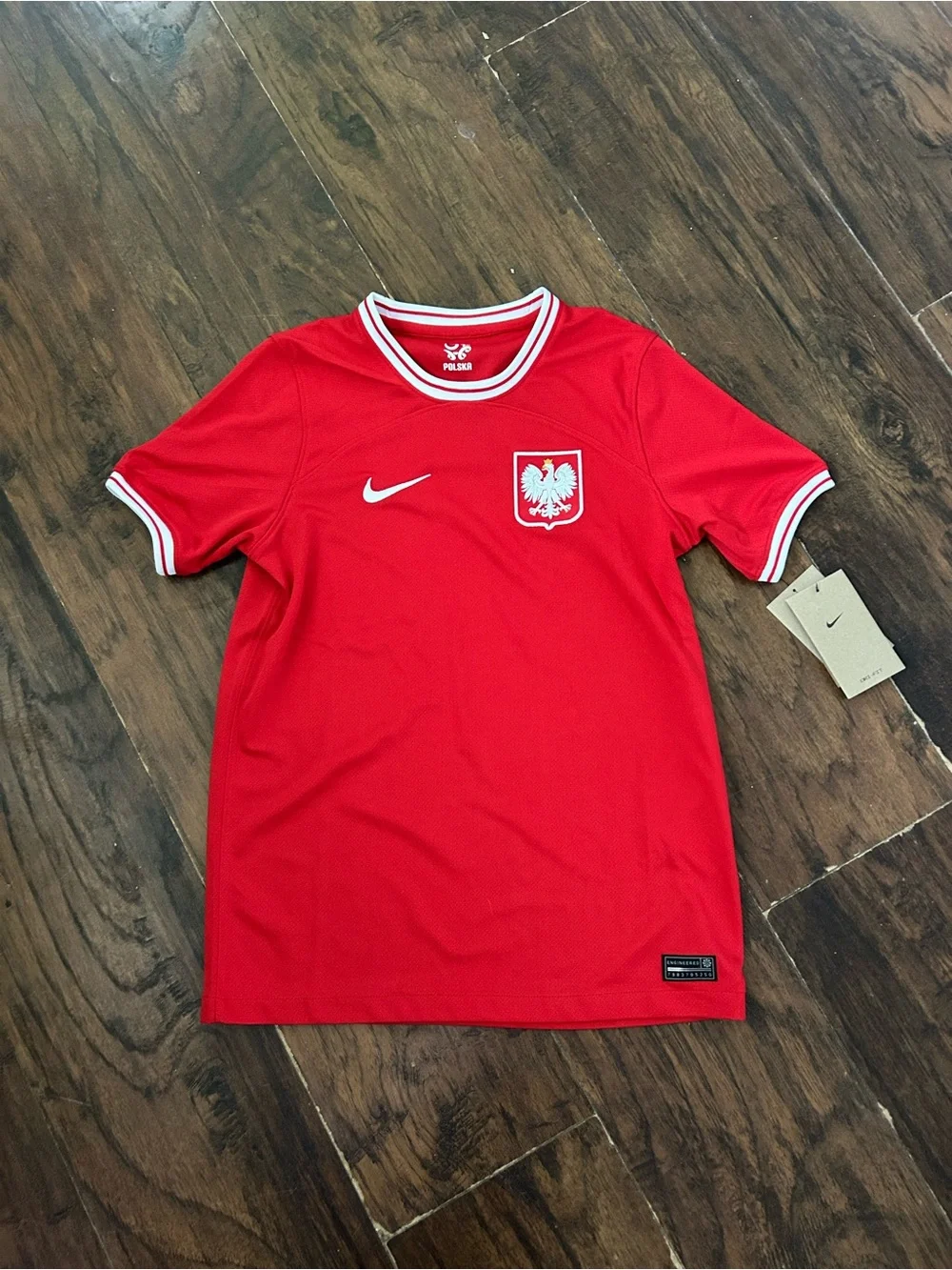 Nike Red and White Kids Soccer Jersey with Poland Tag